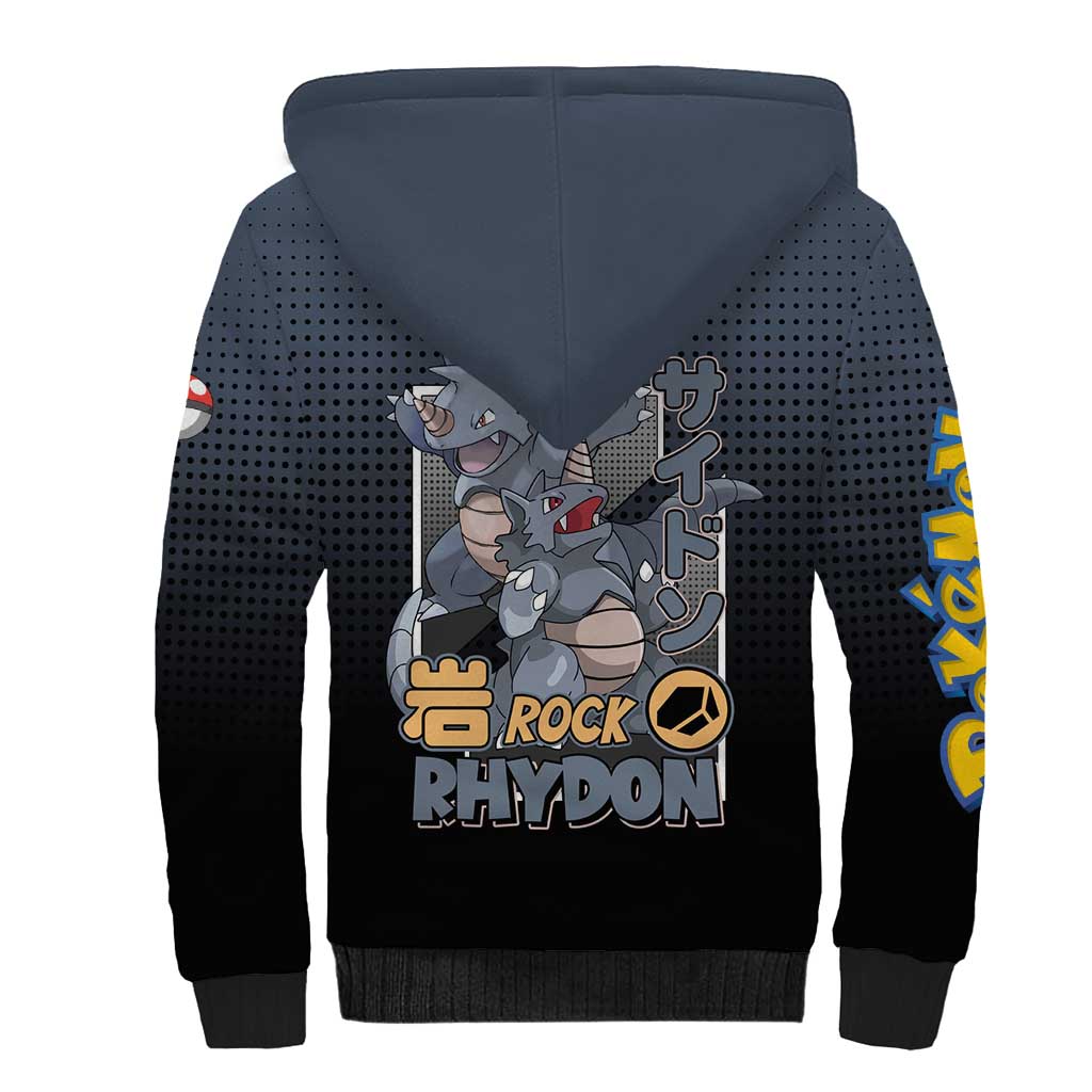 Rhydon Poké Sherpa Hoodie with Rock Type Icon Design and Battle Ready Pose Print - The Mazicc