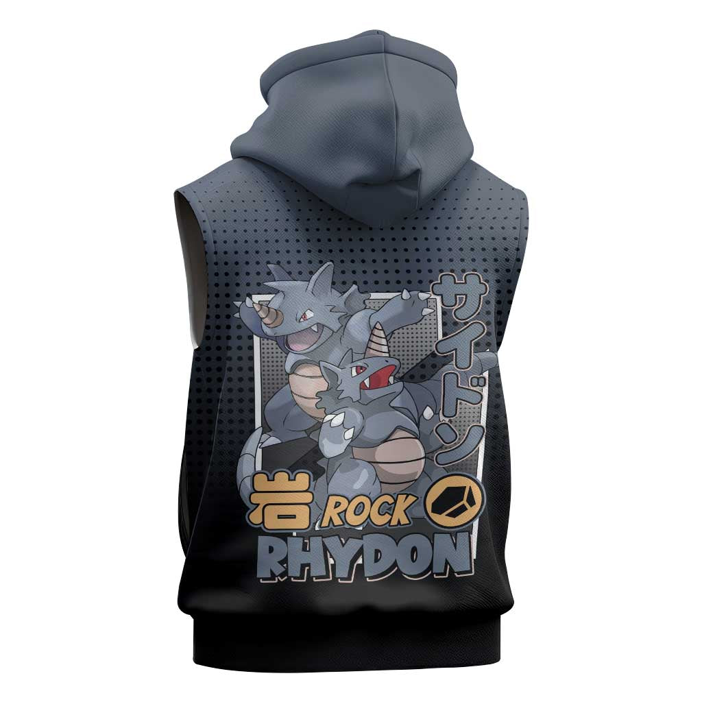 Rhydon Poké Sleeveless Hoodie with Rock Type Icon Design and Battle Ready Pose Print - The Mazicc