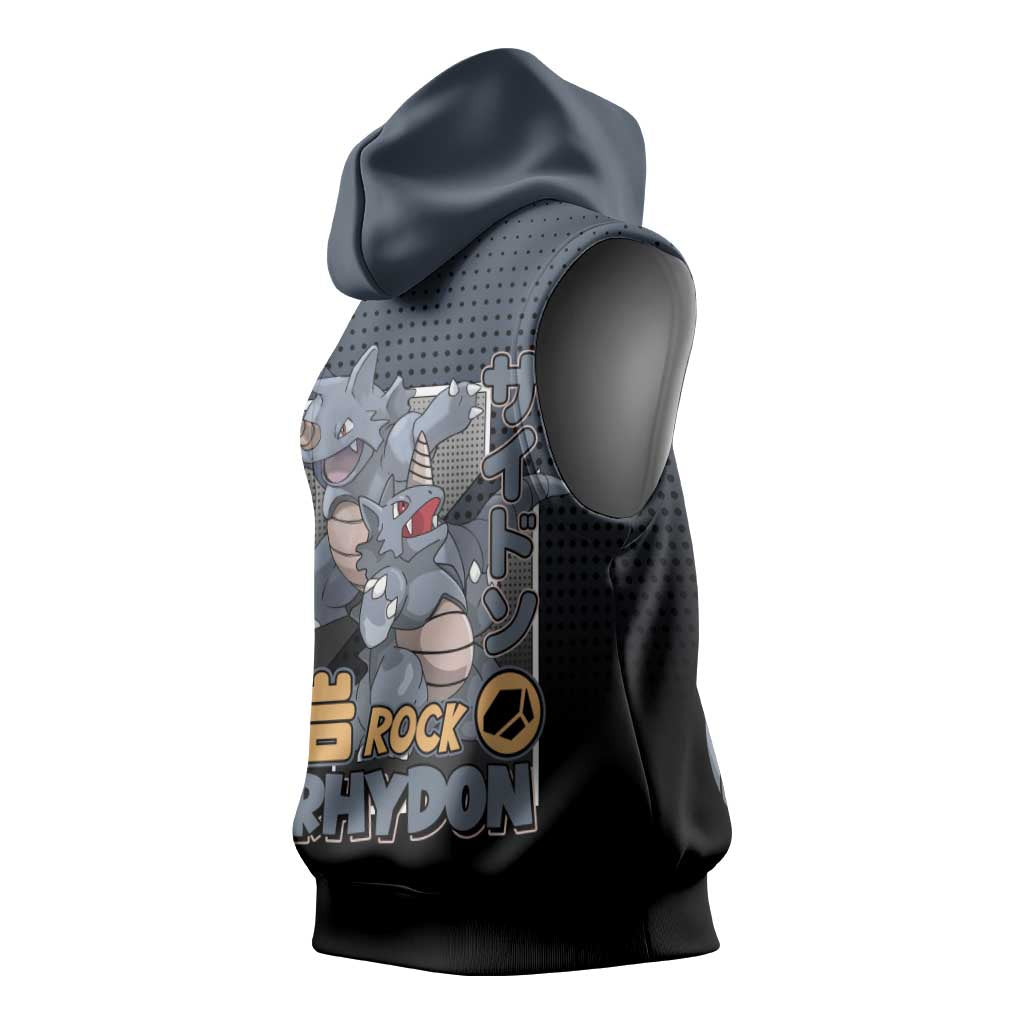 Rhydon Poké Sleeveless Hoodie with Rock Type Icon Design and Battle Ready Pose Print - The Mazicc