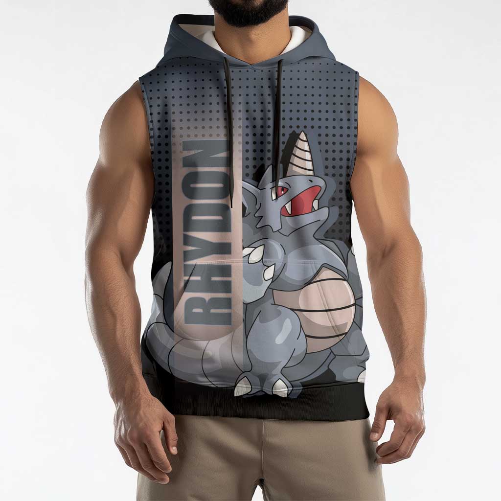 Rhydon Poké Sleeveless Hoodie with Rock Type Icon Design and Battle Ready Pose Print - The Mazicc