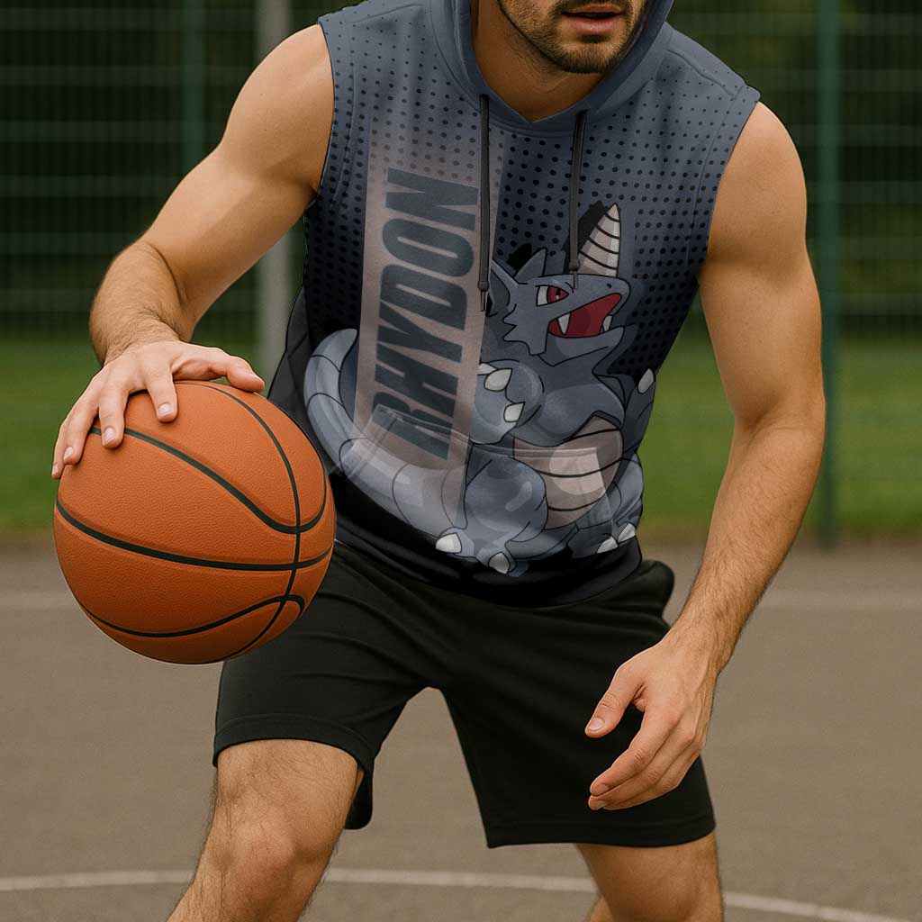 Rhydon Poké Sleeveless Hoodie with Rock Type Icon Design and Battle Ready Pose Print - The Mazicc