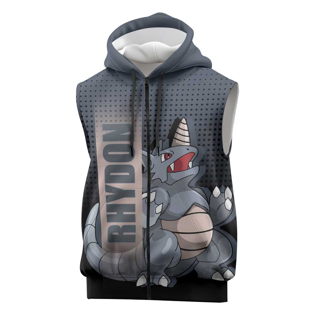Rhydon Poké Sleeveless Zip Hoodie with Rock Type Icon Design and Battle Ready Pose Print - The Mazicc