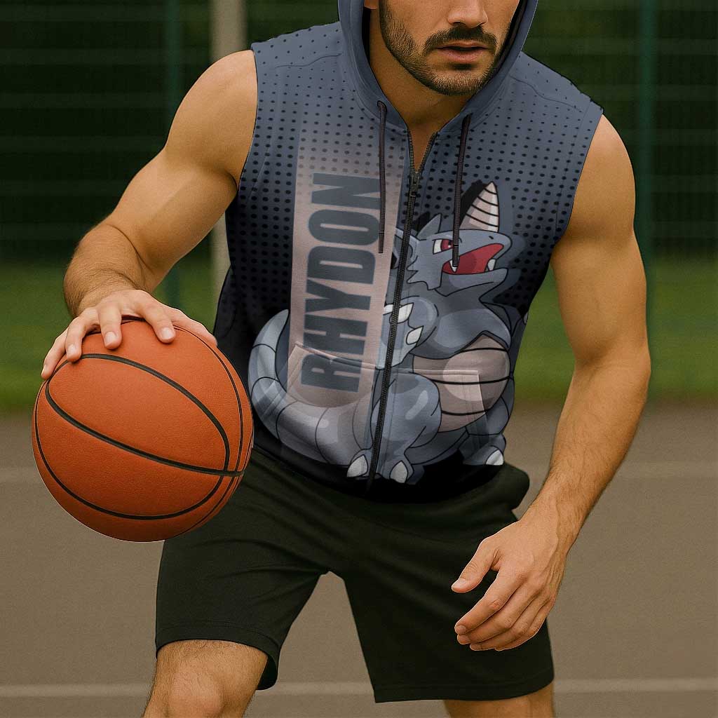 Rhydon Poké Sleeveless Zip Hoodie with Rock Type Icon Design and Battle Ready Pose Print - The Mazicc