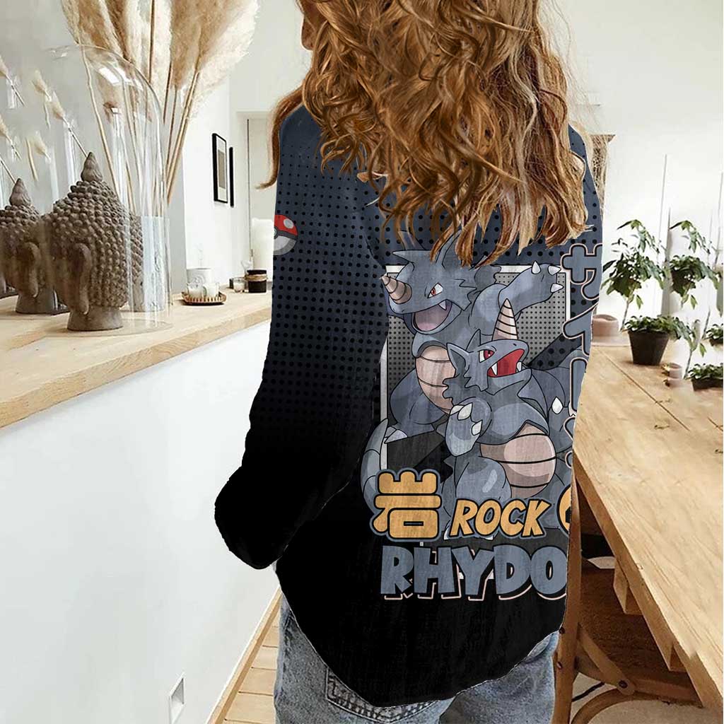 Rhydon Poké Women Casual Shirt with Rock Type Icon Design and Battle Ready Pose Print - The Mazicc