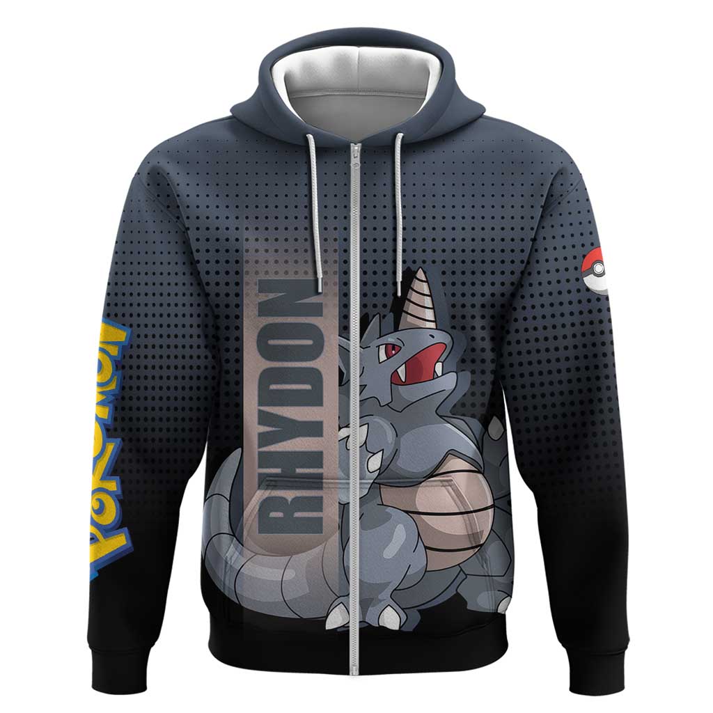 Rhydon Poké Zip Hoodie with Rock Type Icon Design and Battle Ready Pose Print - The Mazicc