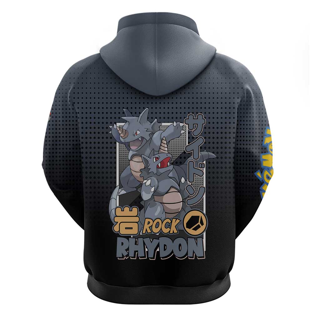 Rhydon Poké Zip Hoodie with Rock Type Icon Design and Battle Ready Pose Print - The Mazicc