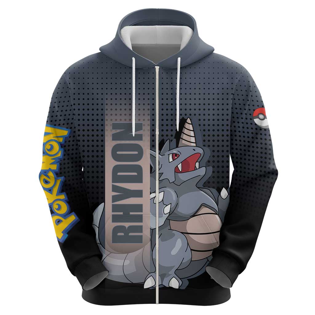 Rhydon Poké Zip Hoodie with Rock Type Icon Design and Battle Ready Pose Print - The Mazicc