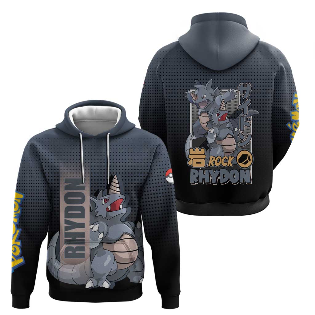 Rhydon Poké Zip Hoodie with Rock Type Icon Design and Battle Ready Pose Print - The Mazicc
