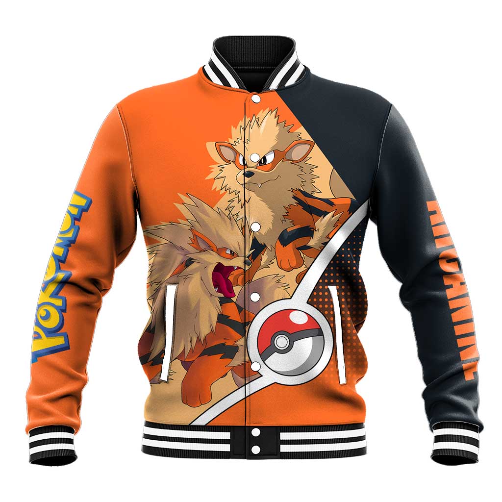 Arcanine Poké Baseball Jacket with Fire Type Badge Design and Fierce Roar Pose Print - The Mazicc