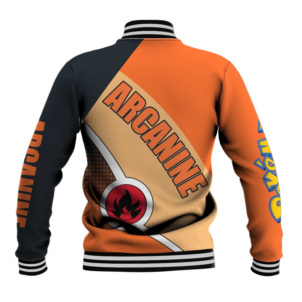 Arcanine Poké Baseball Jacket with Fire Type Badge Design and Fierce Roar Pose Print - The Mazicc