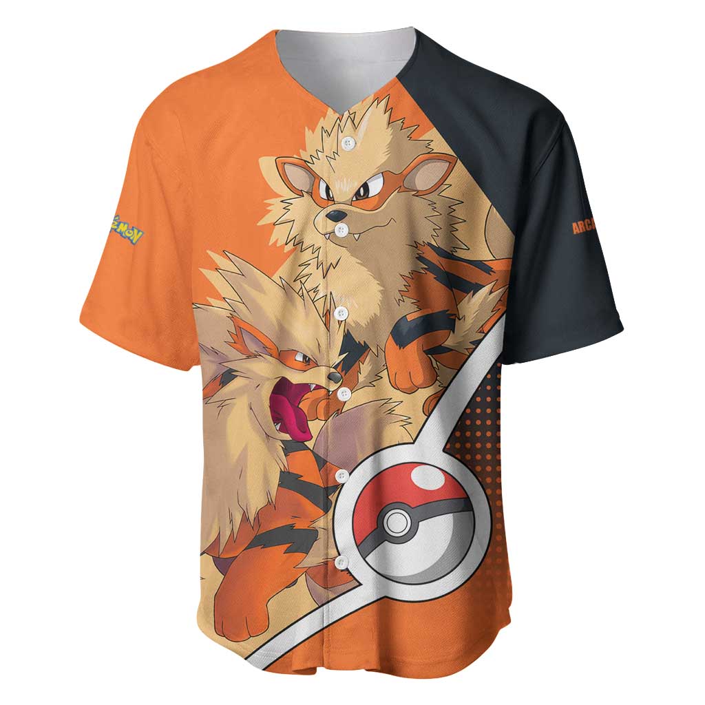 Arcanine Poké Baseball Jersey with Fire Type Badge Design and Fierce Roar Pose Print - The Mazicc