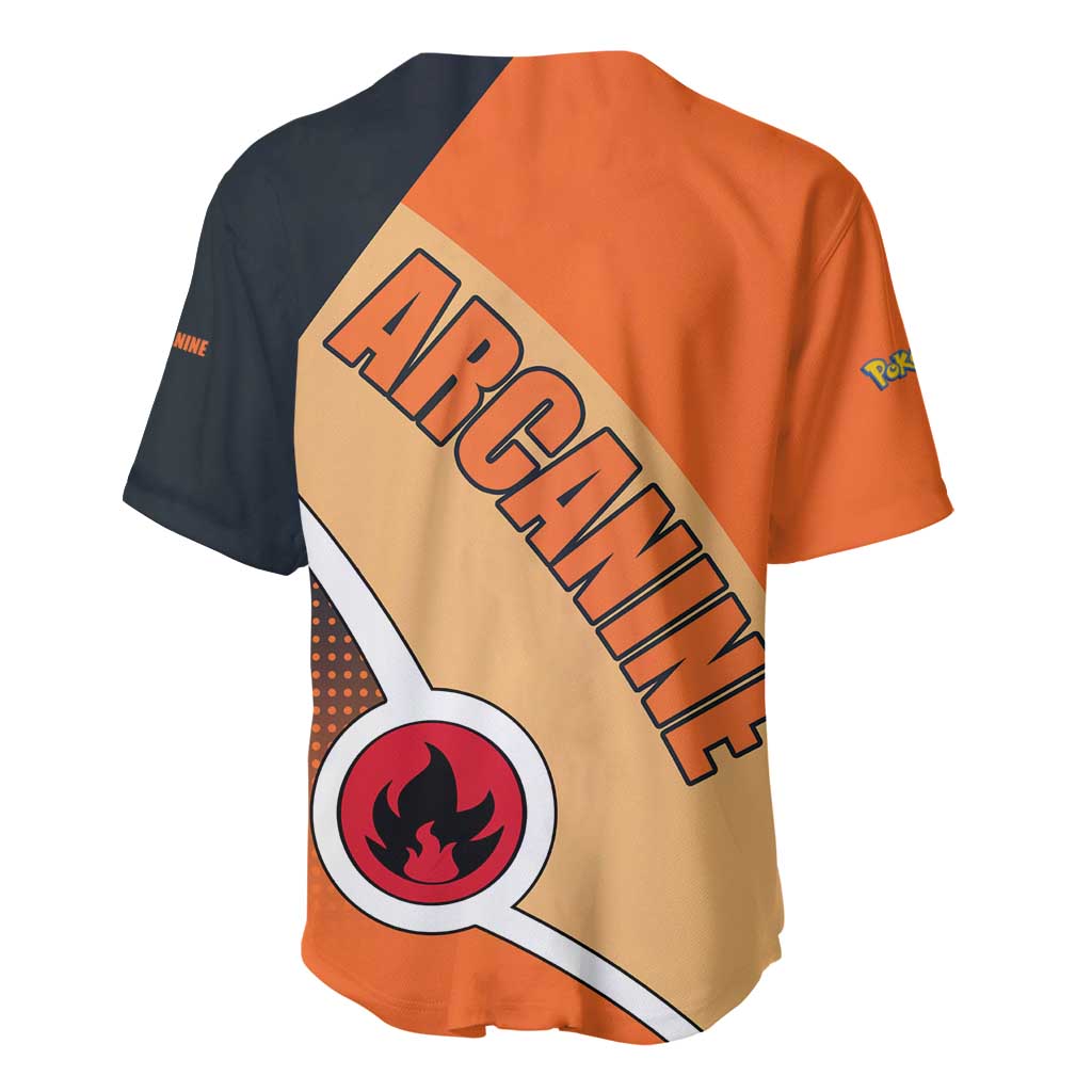 Arcanine Poké Baseball Jersey with Fire Type Badge Design and Fierce Roar Pose Print - The Mazicc