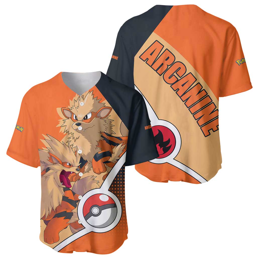 Arcanine Poké Baseball Jersey with Fire Type Badge Design and Fierce Roar Pose Print - The Mazicc