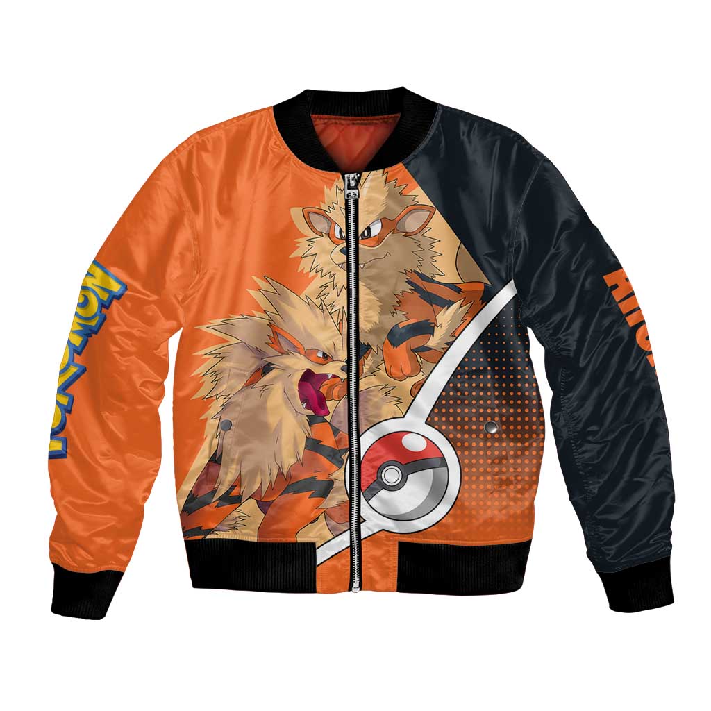 Arcanine Poké Bomber Jacket with Fire Type Badge Design and Fierce Roar Pose Print - The Mazicc