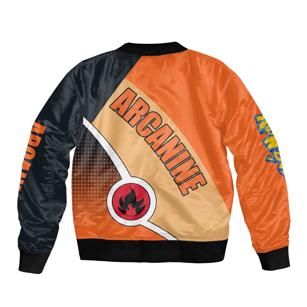 Arcanine Poké Bomber Jacket with Fire Type Badge Design and Fierce Roar Pose Print - The Mazicc