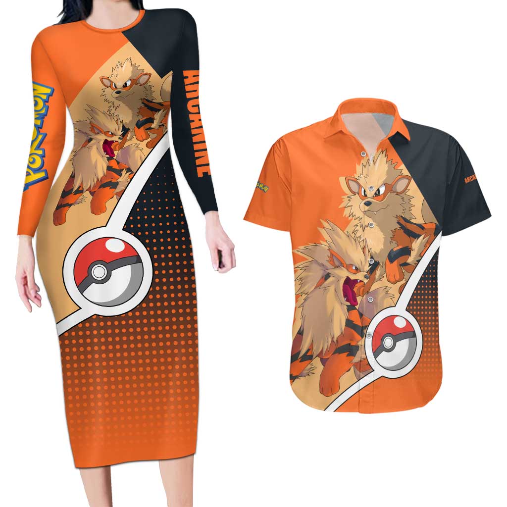 Arcanine Poké Couples Matching Long Sleeve Bodycon Dress and Hawaiian Shirt with Fire Type Badge Design and Fierce Roar Pose Print - The Mazicc