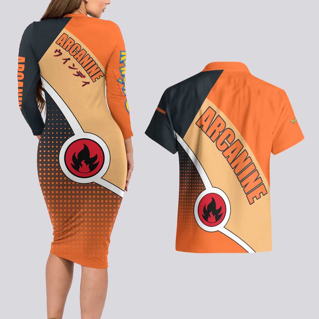 Arcanine Poké Couples Matching Long Sleeve Bodycon Dress and Hawaiian Shirt with Fire Type Badge Design and Fierce Roar Pose Print - The Mazicc