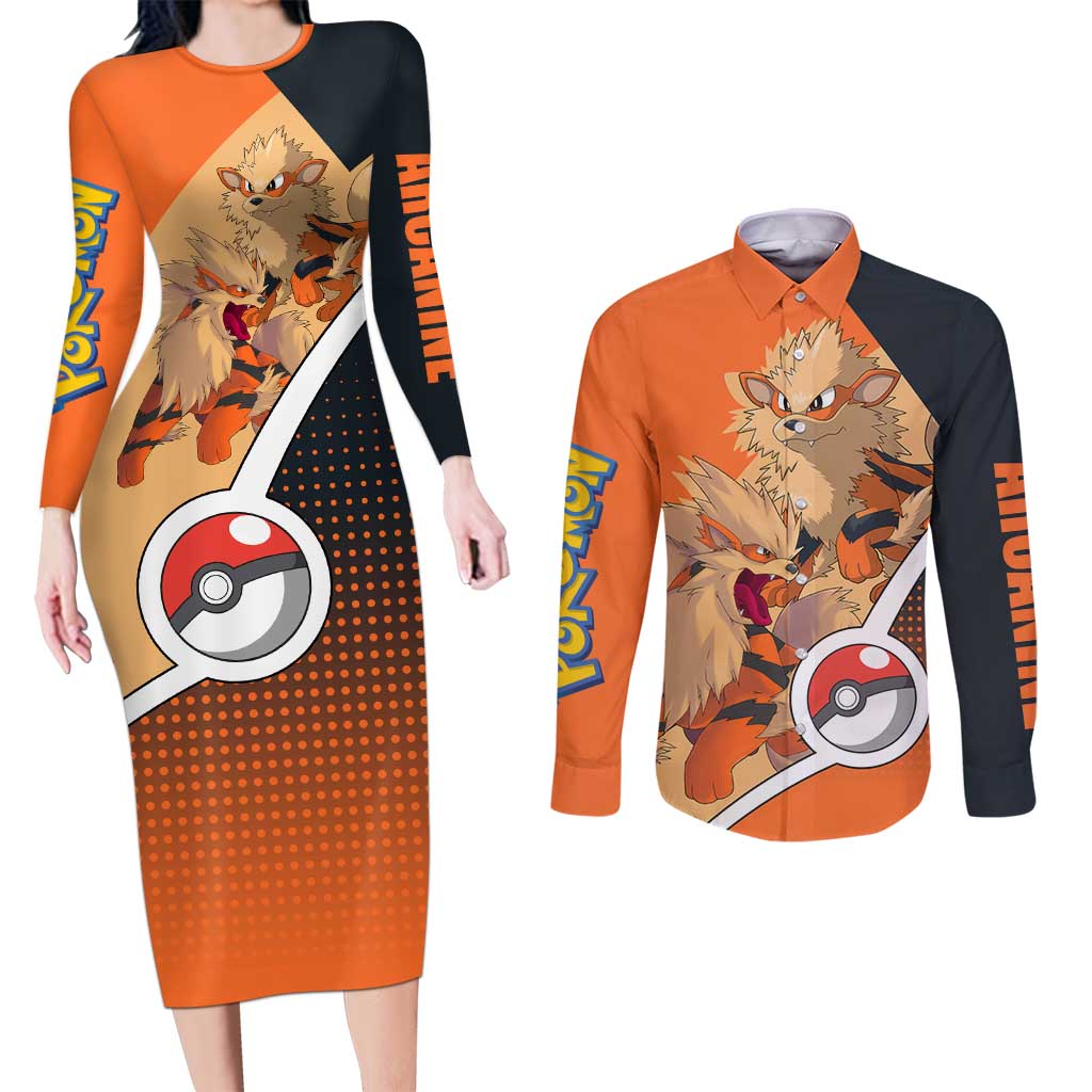 Arcanine Poké Couples Matching Long Sleeve Bodycon Dress and Long Sleeve Button Shirt with Fire Type Badge Design and Fierce Roar Pose Print - The Mazicc