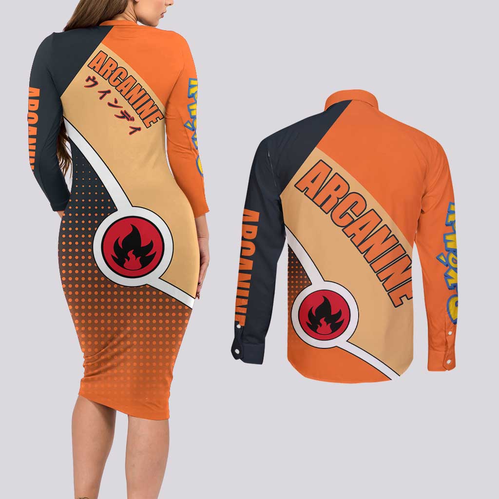 Arcanine Poké Couples Matching Long Sleeve Bodycon Dress and Long Sleeve Button Shirt with Fire Type Badge Design and Fierce Roar Pose Print - The Mazicc
