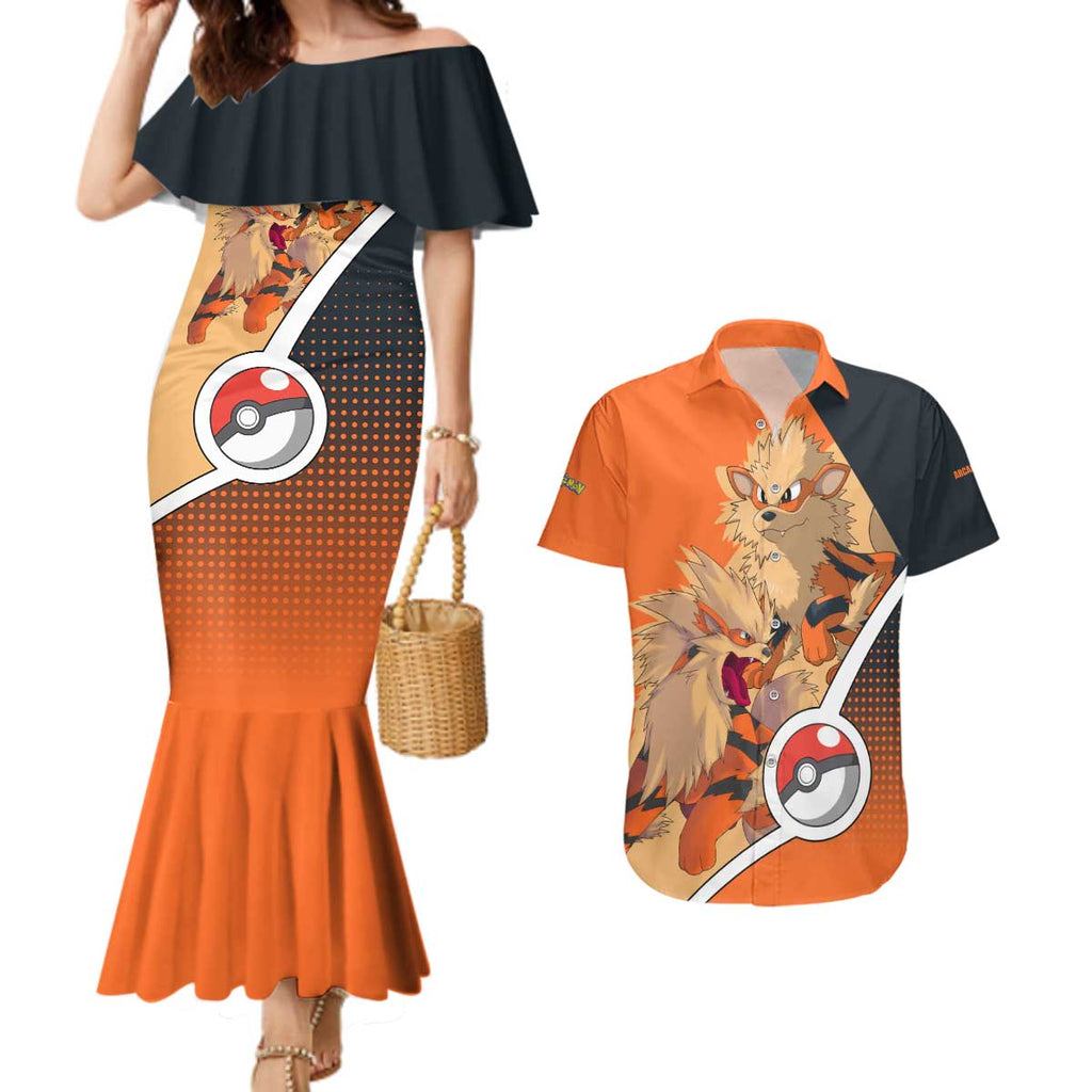 Arcanine Poké Couples Matching Mermaid Dress and Hawaiian Shirt with Fire Type Badge Design and Fierce Roar Pose Print - The Mazicc
