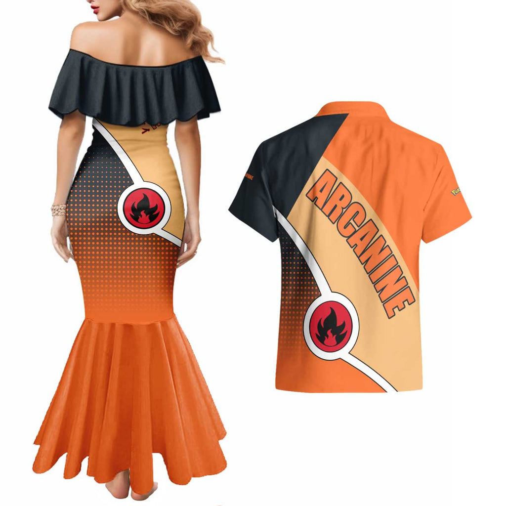 Arcanine Poké Couples Matching Mermaid Dress and Hawaiian Shirt with Fire Type Badge Design and Fierce Roar Pose Print - The Mazicc