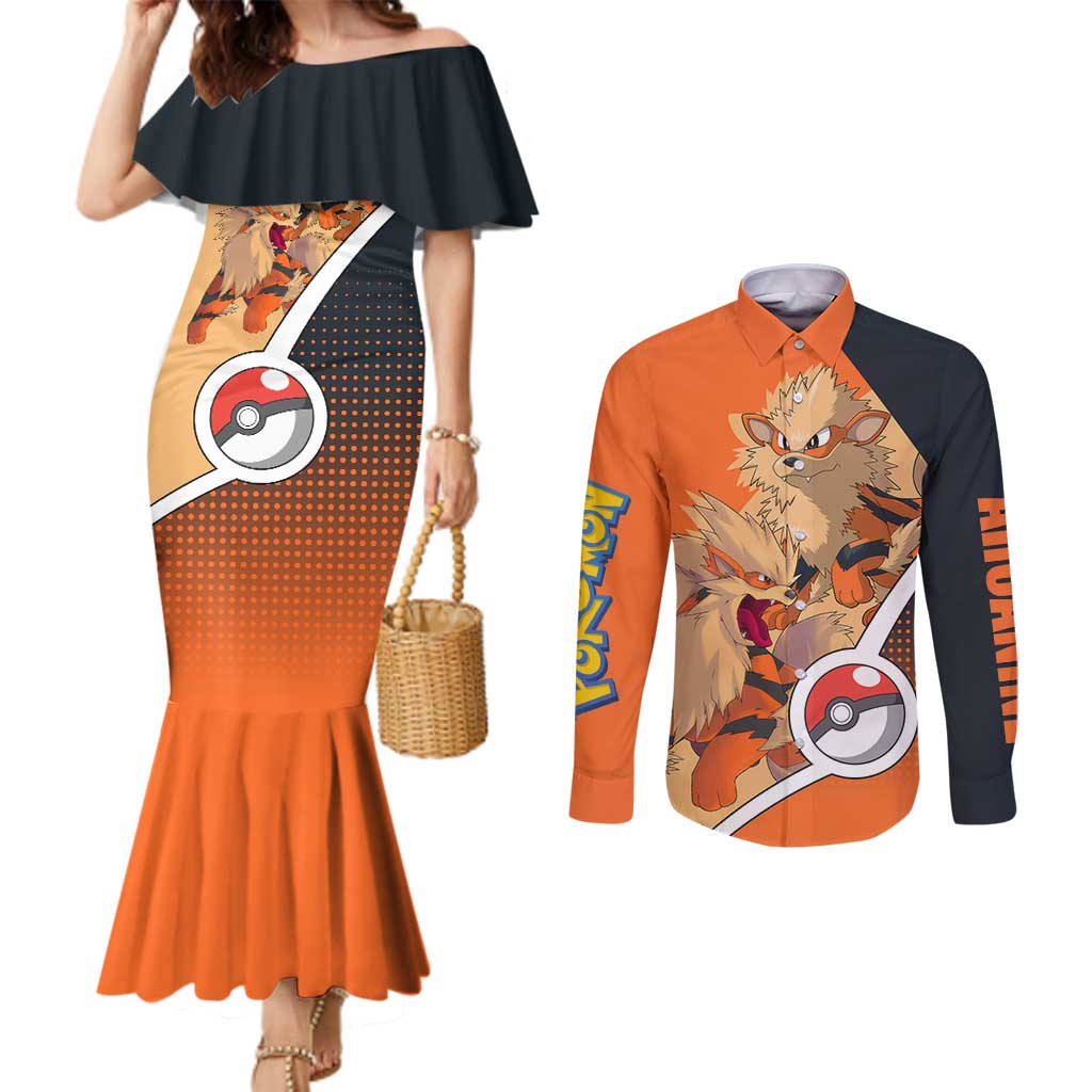 Arcanine Poké Couples Matching Mermaid Dress and Long Sleeve Button Shirt with Fire Type Badge Design and Fierce Roar Pose Print - The Mazicc