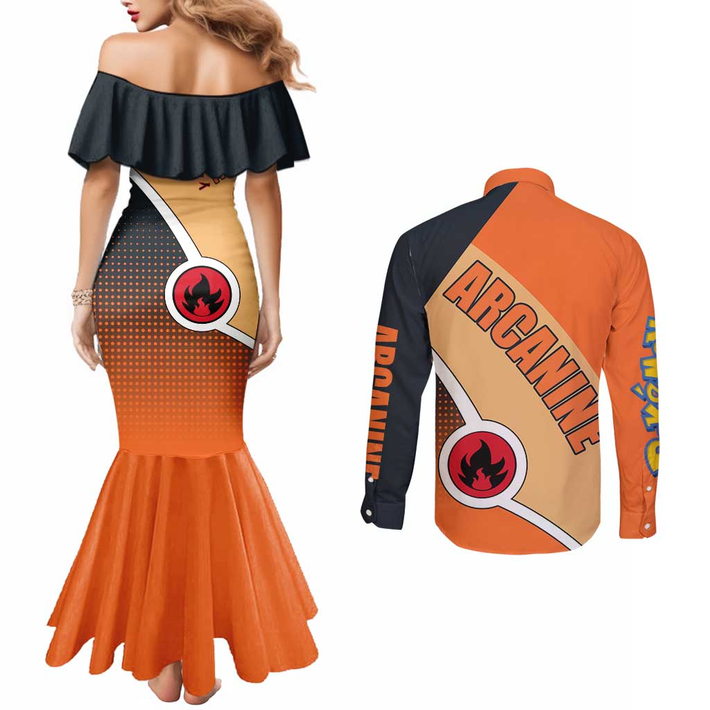 Arcanine Poké Couples Matching Mermaid Dress and Long Sleeve Button Shirt with Fire Type Badge Design and Fierce Roar Pose Print - The Mazicc