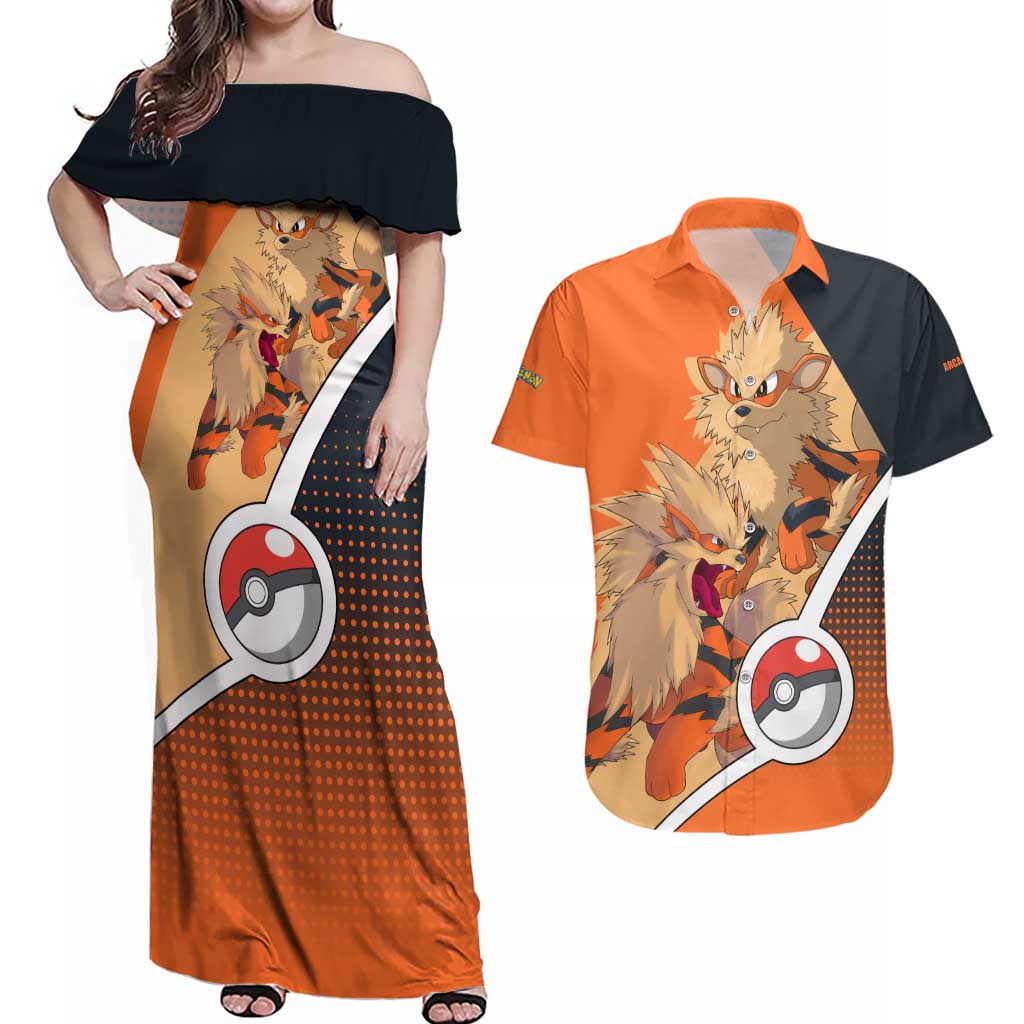 Arcanine Poké Couples Matching Off Shoulder Maxi Dress and Hawaiian Shirt with Fire Type Badge Design and Fierce Roar Pose Print - The Mazicc