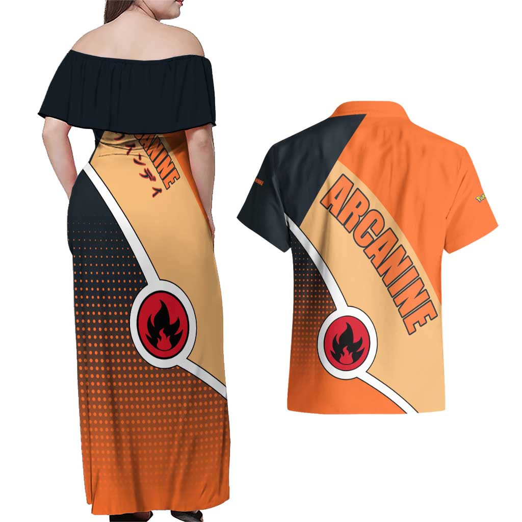 Arcanine Poké Couples Matching Off Shoulder Maxi Dress and Hawaiian Shirt with Fire Type Badge Design and Fierce Roar Pose Print - The Mazicc