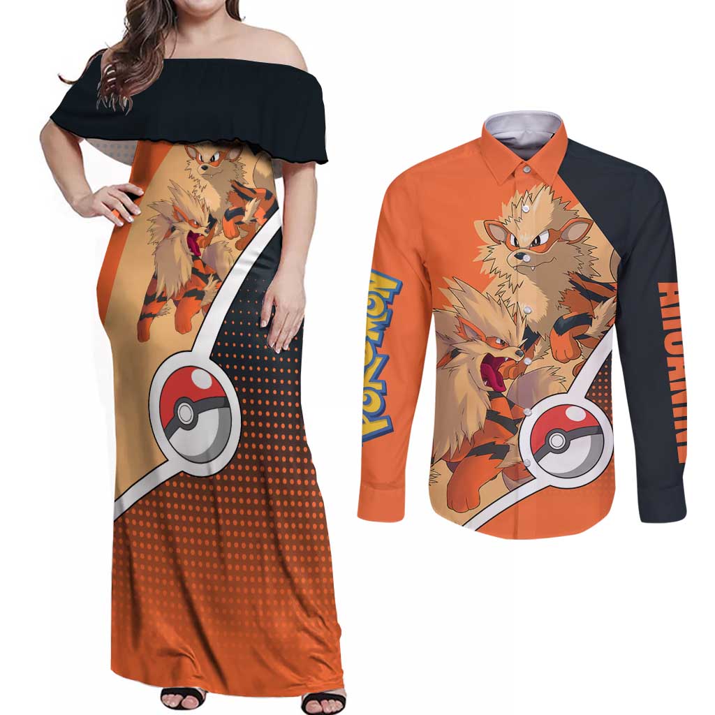 Arcanine Poké Couples Matching Off Shoulder Maxi Dress and Long Sleeve Button Shirt with Fire Type Badge Design and Fierce Roar Pose Print - The Mazicc