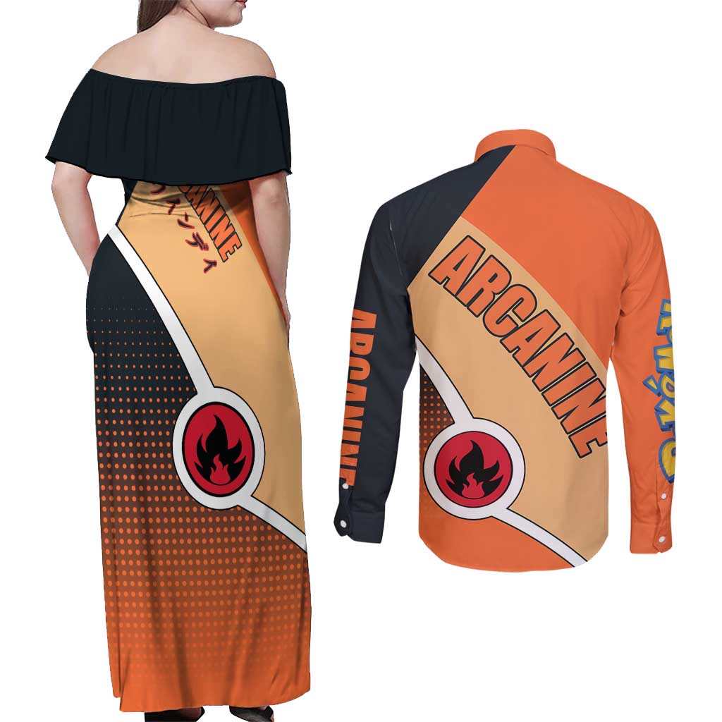 Arcanine Poké Couples Matching Off Shoulder Maxi Dress and Long Sleeve Button Shirt with Fire Type Badge Design and Fierce Roar Pose Print - The Mazicc
