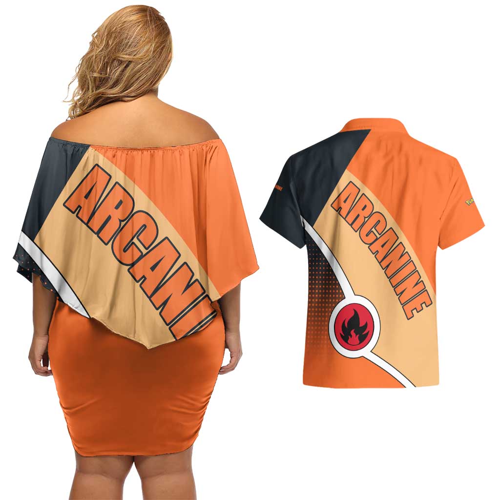 Arcanine Poké Couples Matching Off Shoulder Short Dress and Hawaiian Shirt with Fire Type Badge Design and Fierce Roar Pose Print - The Mazicc