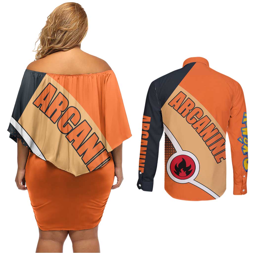 Arcanine Poké Couples Matching Off Shoulder Short Dress and Long Sleeve Button Shirt with Fire Type Badge Design and Fierce Roar Pose Print - The Mazicc