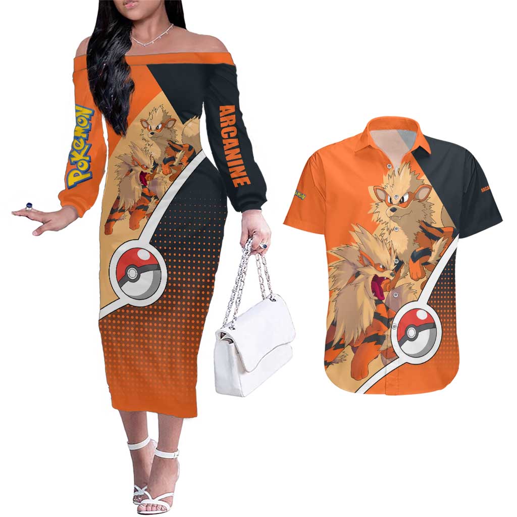 Arcanine Poké Couples Matching Off The Shoulder Long Sleeve Dress and Hawaiian Shirt with Fire Type Badge Design and Fierce Roar Pose Print - The Mazicc