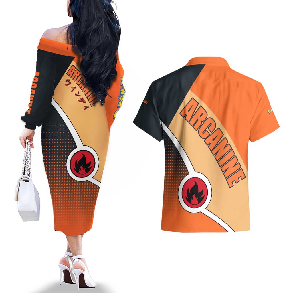 Arcanine Poké Couples Matching Off The Shoulder Long Sleeve Dress and Hawaiian Shirt with Fire Type Badge Design and Fierce Roar Pose Print - The Mazicc