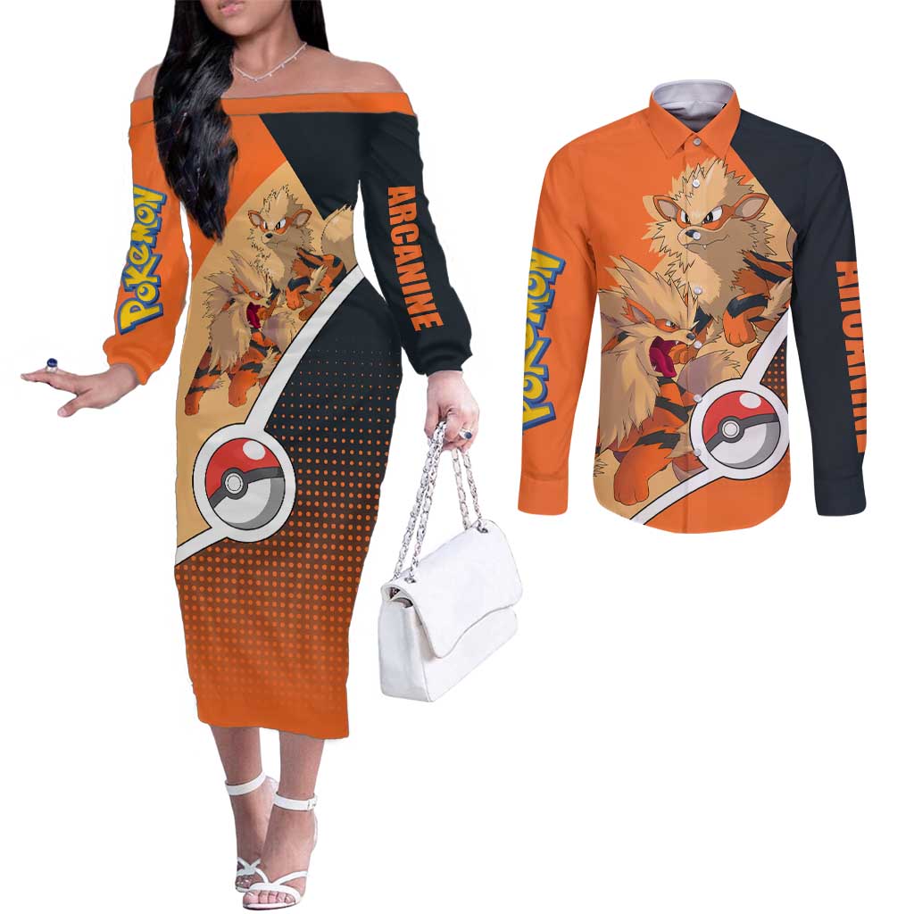 Arcanine Poké Couples Matching Off The Shoulder Long Sleeve Dress and Long Sleeve Button Shirt with Fire Type Badge Design and Fierce Roar Pose Print - The Mazicc