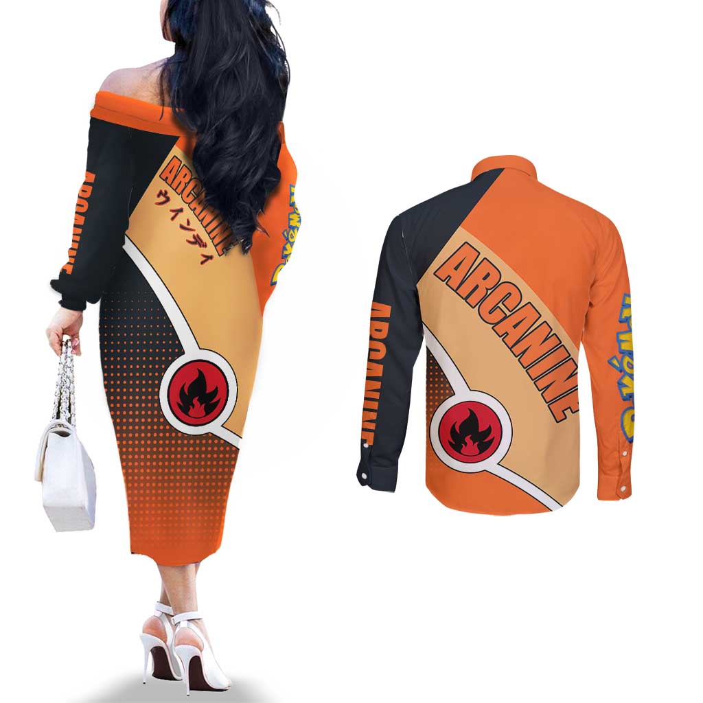 Arcanine Poké Couples Matching Off The Shoulder Long Sleeve Dress and Long Sleeve Button Shirt with Fire Type Badge Design and Fierce Roar Pose Print - The Mazicc