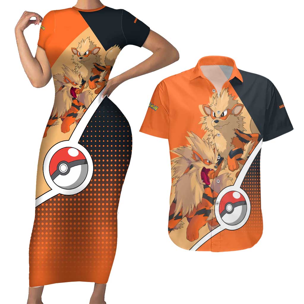 Arcanine Poké Couples Matching Short Sleeve Bodycon Dress and Hawaiian Shirt with Fire Type Badge Design and Fierce Roar Pose Print - The Mazicc