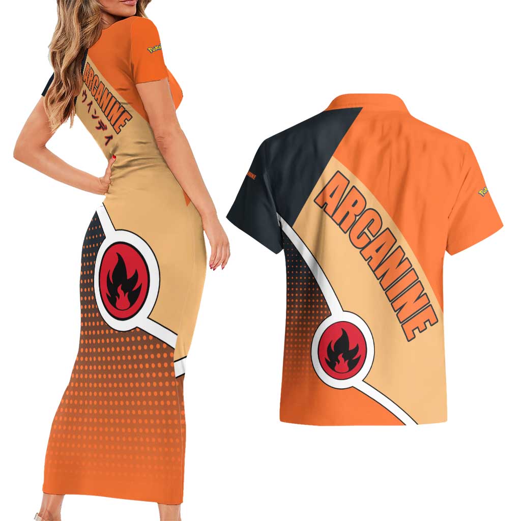 Arcanine Poké Couples Matching Short Sleeve Bodycon Dress and Hawaiian Shirt with Fire Type Badge Design and Fierce Roar Pose Print - The Mazicc