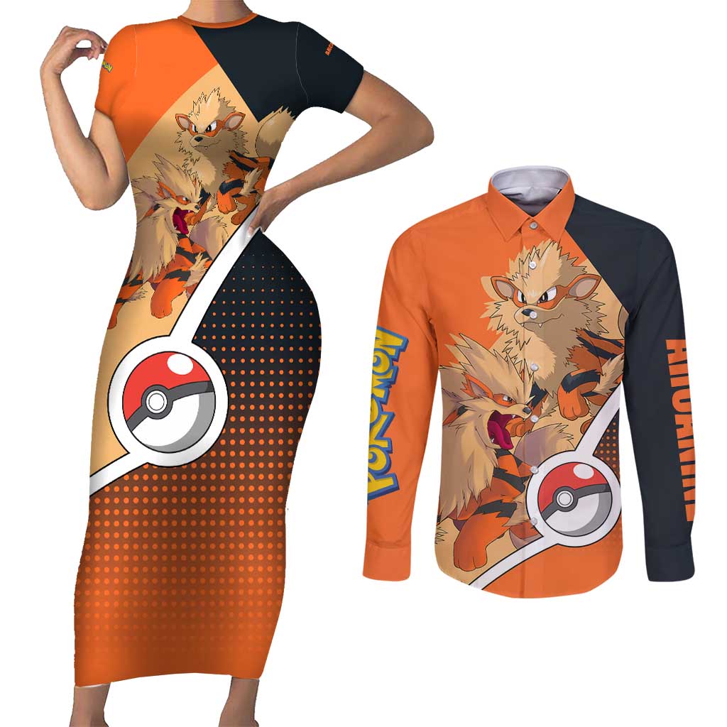 Arcanine Poké Couples Matching Short Sleeve Bodycon Dress and Long Sleeve Button Shirt with Fire Type Badge Design and Fierce Roar Pose Print - The Mazicc