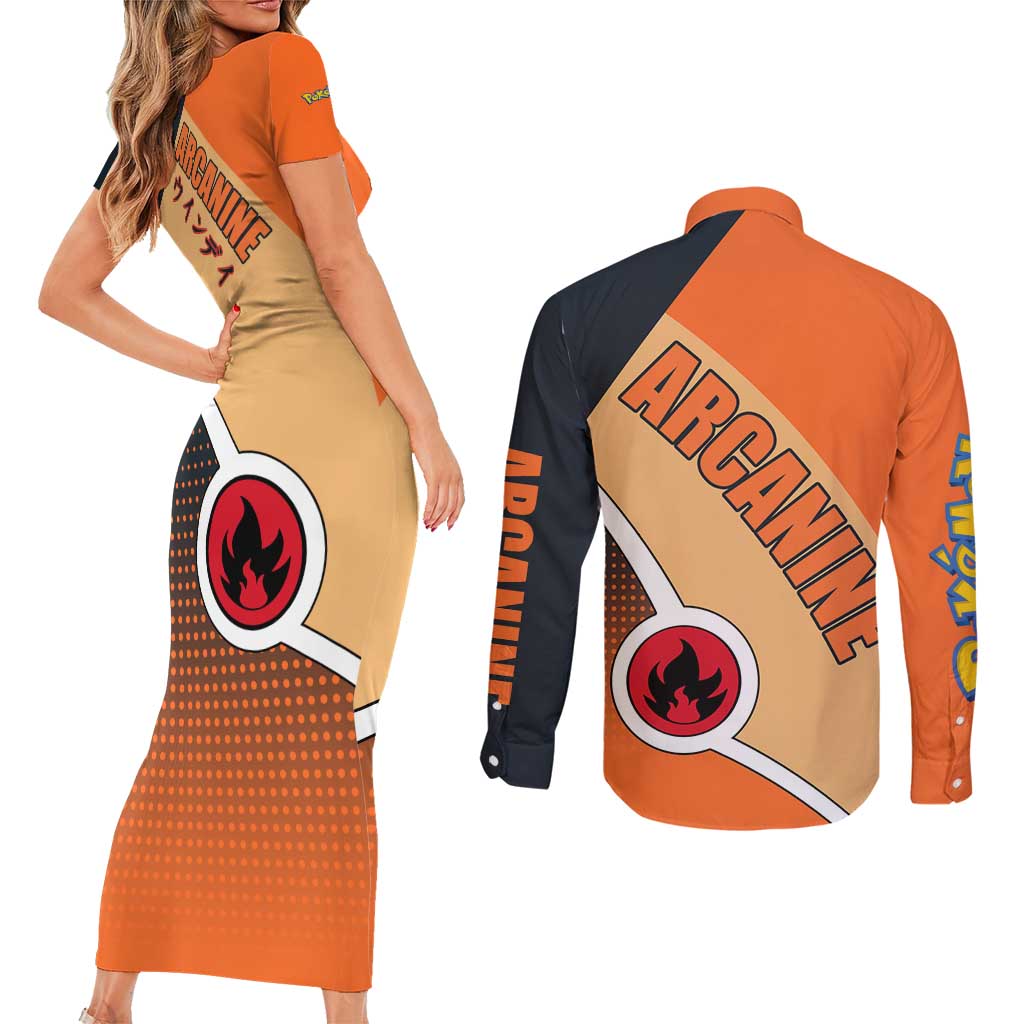 Arcanine Poké Couples Matching Short Sleeve Bodycon Dress and Long Sleeve Button Shirt with Fire Type Badge Design and Fierce Roar Pose Print - The Mazicc