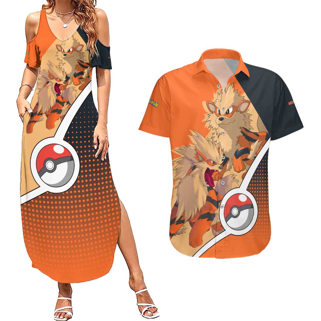 Arcanine Poké Couples Matching Summer Maxi Dress and Hawaiian Shirt with Fire Type Badge Design and Fierce Roar Pose Print - The Mazicc