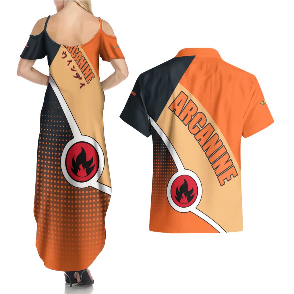 Arcanine Poké Couples Matching Summer Maxi Dress and Hawaiian Shirt with Fire Type Badge Design and Fierce Roar Pose Print - The Mazicc