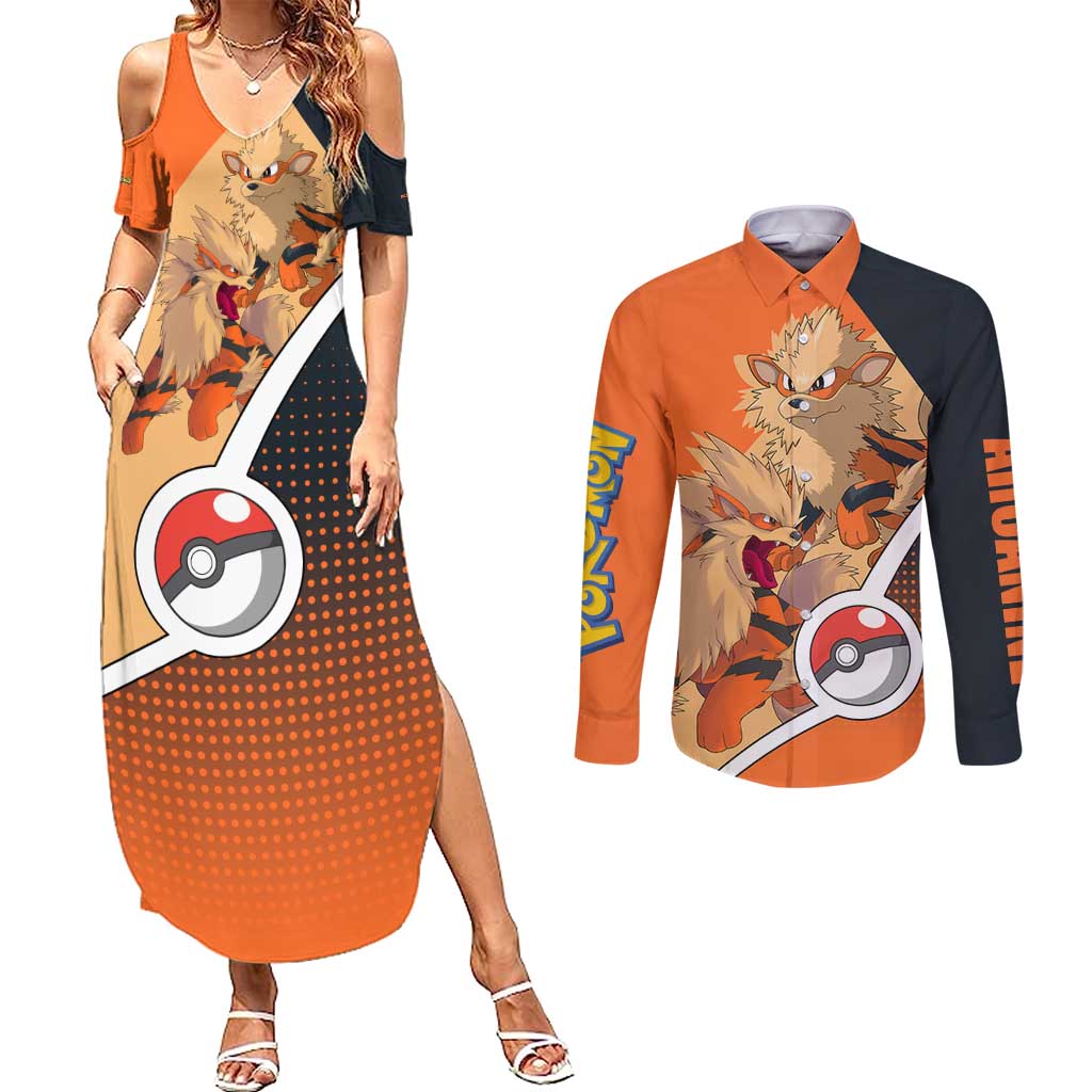Arcanine Poké Couples Matching Summer Maxi Dress and Long Sleeve Button Shirt with Fire Type Badge Design and Fierce Roar Pose Print - The Mazicc