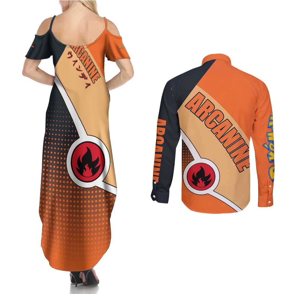 Arcanine Poké Couples Matching Summer Maxi Dress and Long Sleeve Button Shirt with Fire Type Badge Design and Fierce Roar Pose Print - The Mazicc
