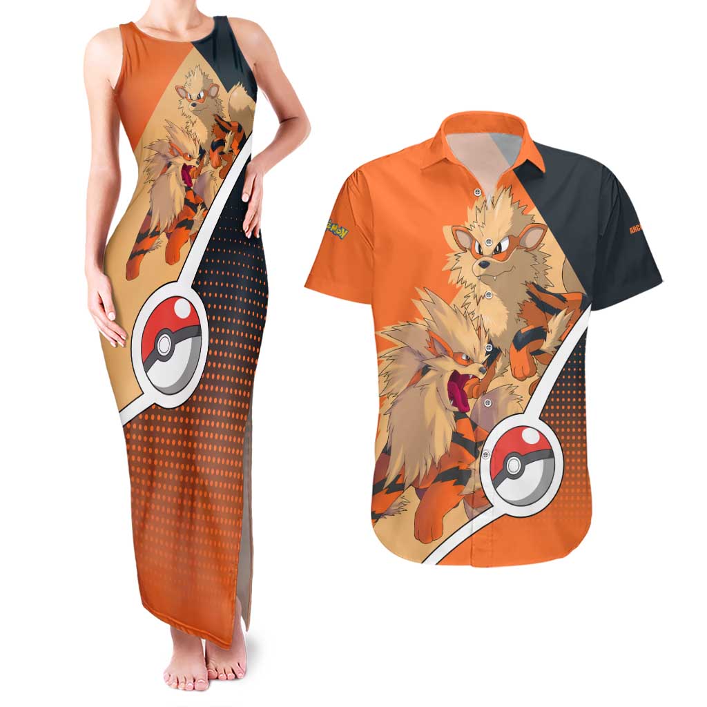 Arcanine Poké Couples Matching Tank Maxi Dress and Hawaiian Shirt with Fire Type Badge Design and Fierce Roar Pose Print - The Mazicc