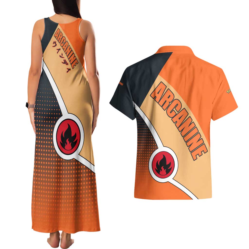 Arcanine Poké Couples Matching Tank Maxi Dress and Hawaiian Shirt with Fire Type Badge Design and Fierce Roar Pose Print - The Mazicc