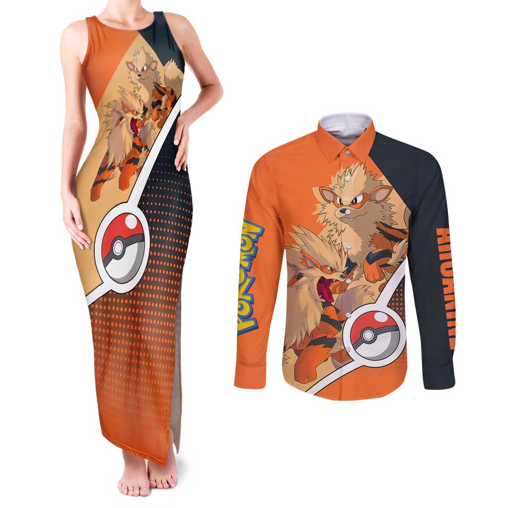 Arcanine Poké Couples Matching Tank Maxi Dress and Long Sleeve Button Shirt with Fire Type Badge Design and Fierce Roar Pose Print - The Mazicc