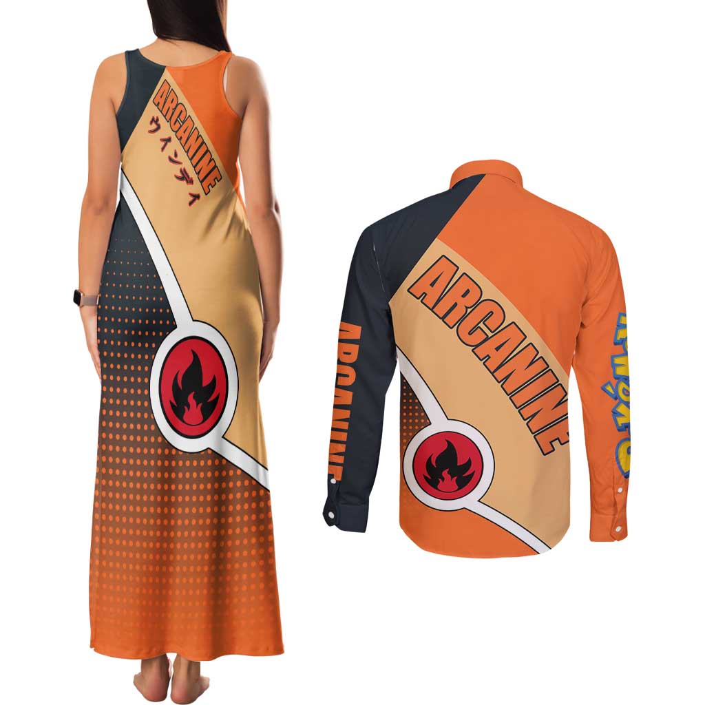 Arcanine Poké Couples Matching Tank Maxi Dress and Long Sleeve Button Shirt with Fire Type Badge Design and Fierce Roar Pose Print - The Mazicc
