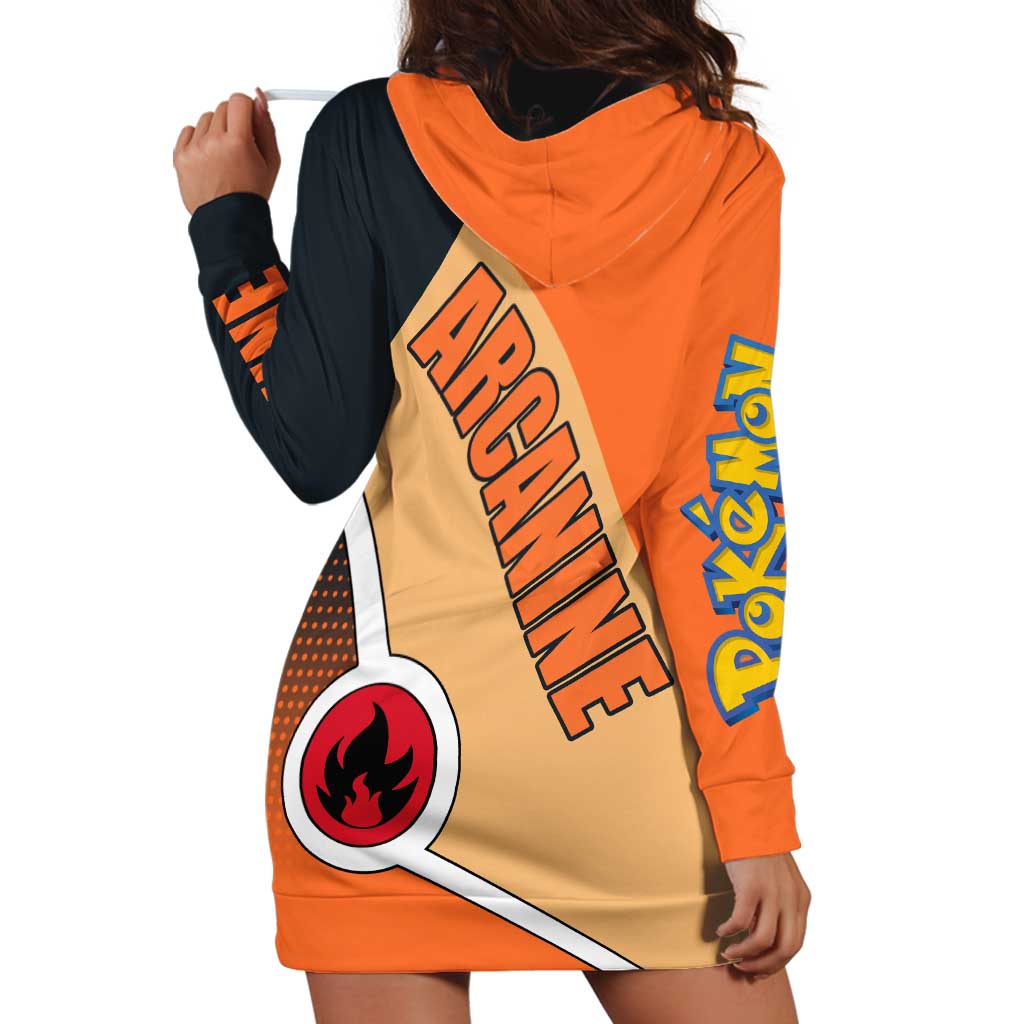 Arcanine Poké Hoodie Dress with Fire Type Badge Design and Fierce Roar Pose Print - The Mazicc